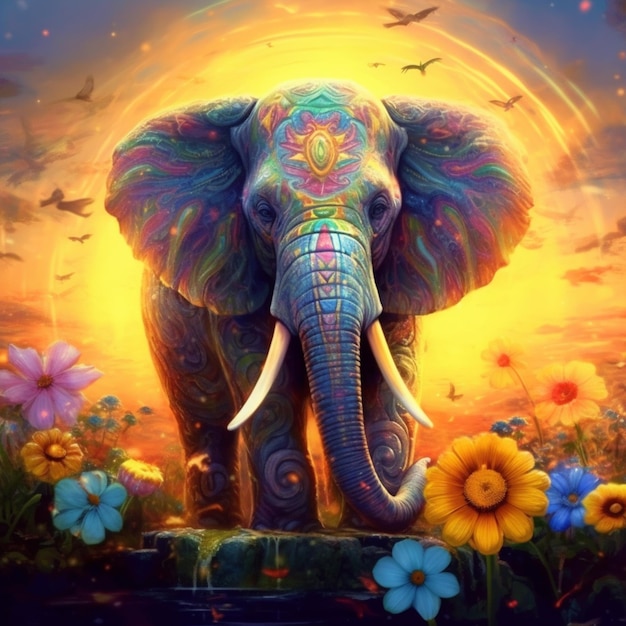 Pintura de um elefante com um design colorido em pé em um campo de flores generativo ai