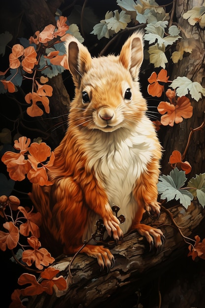 Pintura de um esquilo sentado em um galho de árvore em uma floresta generativa ai