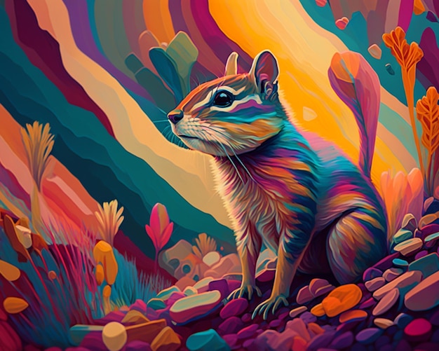 Pintura de um esquilo sentado em uma pedra em uma paisagem colorida generativa ai