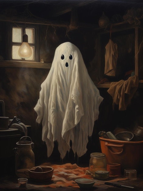 pintura de um fantasma pendurado no teto em uma cozinha generativa ai
