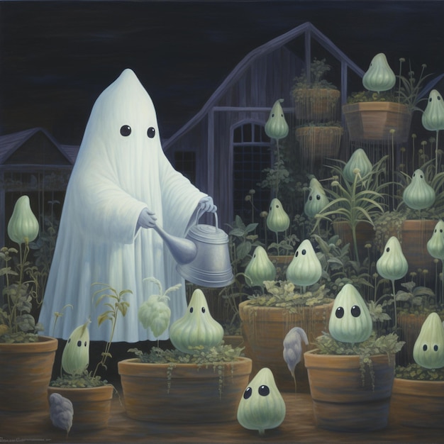 Foto pintura de um fantasma regando plantas em um jardim com um pássaro nas proximidades generativo ai