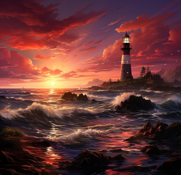 pintura de um farol em uma costa rochosa ao pôr do sol gerador de IA