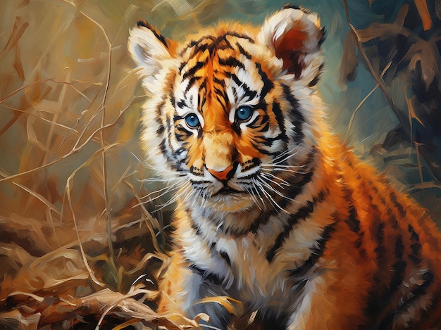 Pintura de um filhote de tigre na floresta