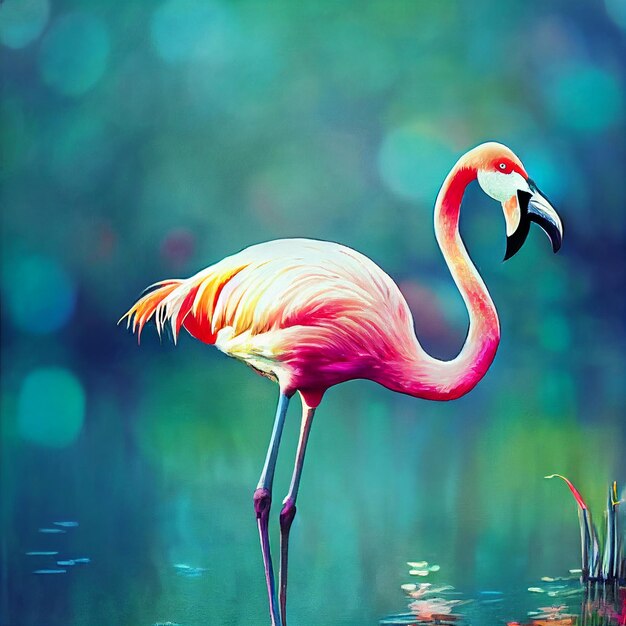 Pintura de um flamingo de pé na água com a cabeça para baixo.