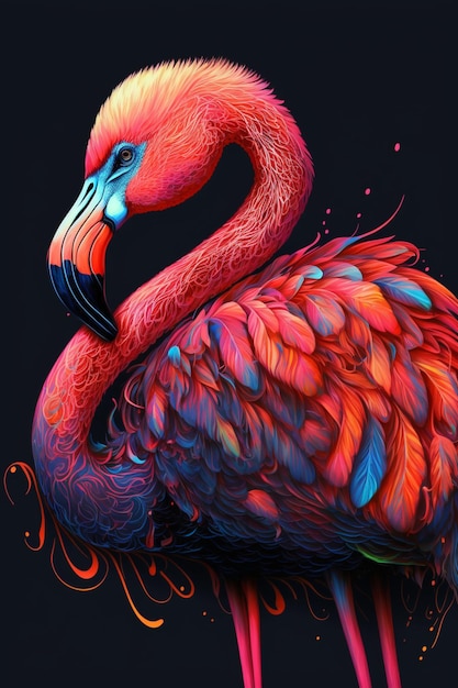 Pintura de um flamingo em um fundo preto generativo ai