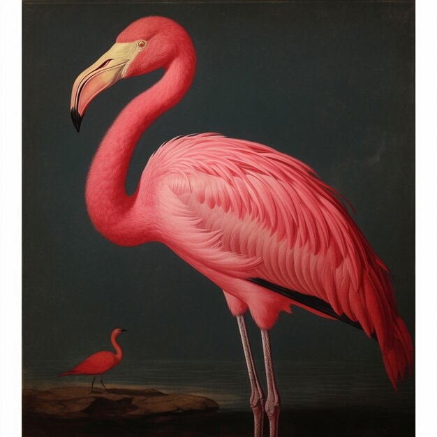 pintura de um flamingo rosa de pé em uma rocha com um pássaro vermelho nas proximidades generativo ai