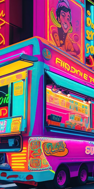 pintura de um food truck hiper colorido na cidade