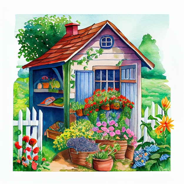 pintura de um galpão de jardim com flores e plantas em vasos generativo ai