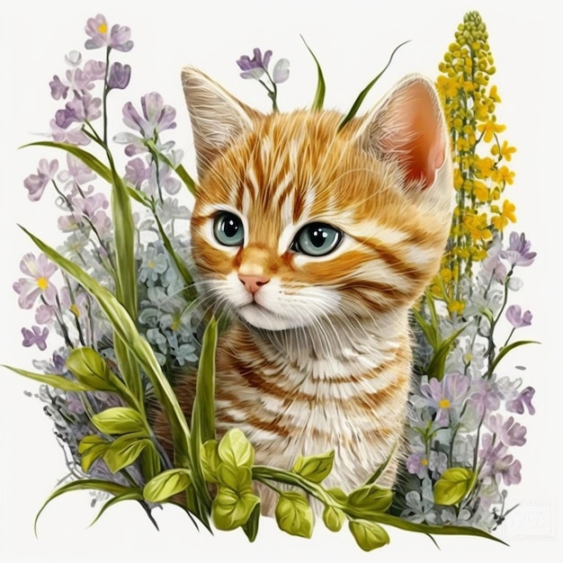 pintura de um gatinho em um campo de flores com fundo branco generativo ai