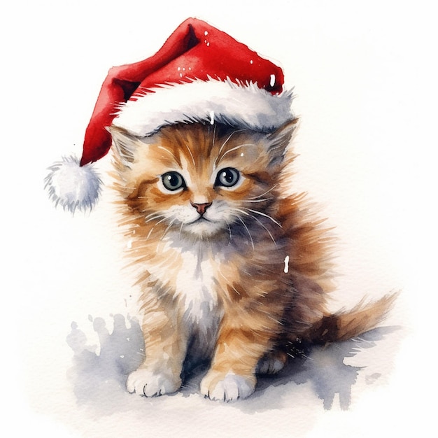 Pintura de um gatinho usando um chapéu de Papai Noel sentado em uma superfície branca generativa ai