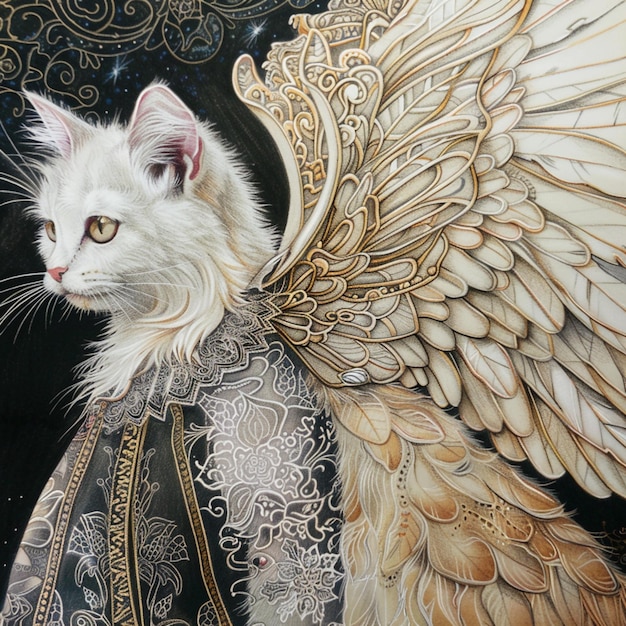 Foto pintura de um gato branco com asas em um fundo preto