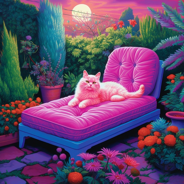 Pintura de um gato branco deitado em um sofá rosa em um jardim generativo ai