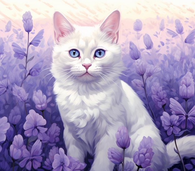 pintura de um gato branco sentado em um campo de flores roxas generativo ai