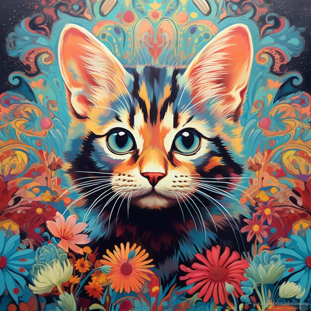 pintura de um gato com olhos azuis e um fundo floral colorido generativo ai