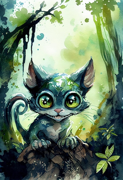 pintura de um gato com olhos grandes sentado em um tronco de árvore generativo ai