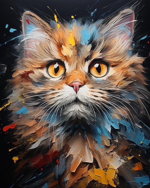 Pintura de um gato com olhos laranja e um fundo preto generativo ai