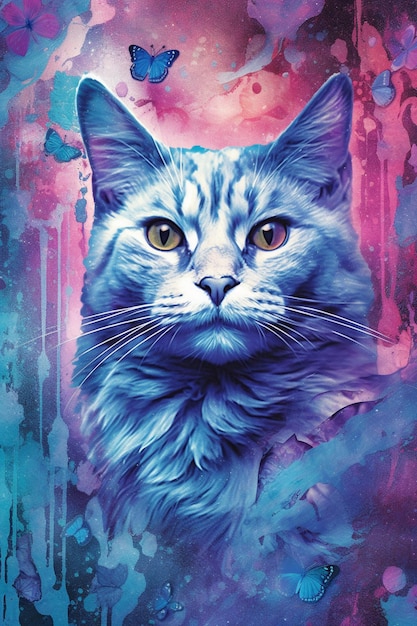 pintura de um gato com uma borboleta na cabeça ai generativa