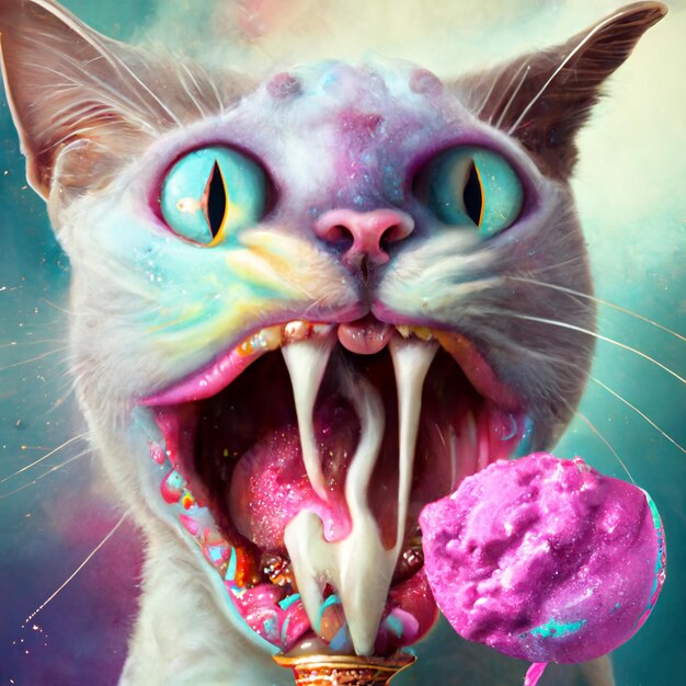 Foto pintura de um gato comendo rosquinha com a boca aberta generativa ai