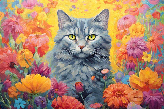 Pintura de um gato em um campo de flores com um fundo amarelo