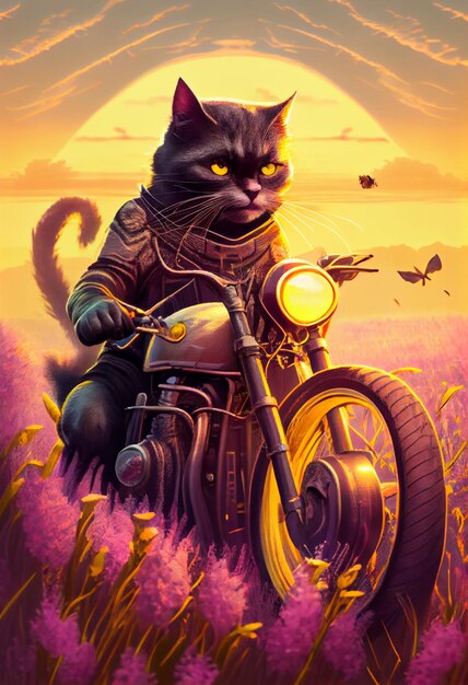 Foto pintura de um gato montando uma motocicleta em um campo de flores generativo ai