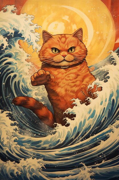 pintura de um gato montando uma onda no oceano com um sol no fundo ai generativo