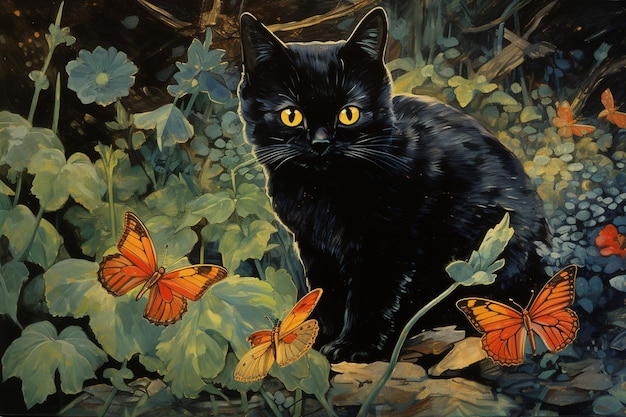 pintura de um gato preto cercado por borboletas e plantas generativas ai