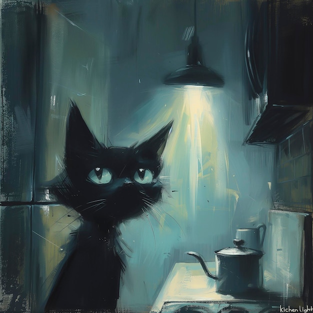 Foto pintura de um gato preto olhando para uma panela em uma mesa