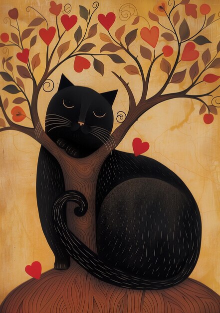 pintura de um gato preto sentado em uma árvore com corações generativos ai