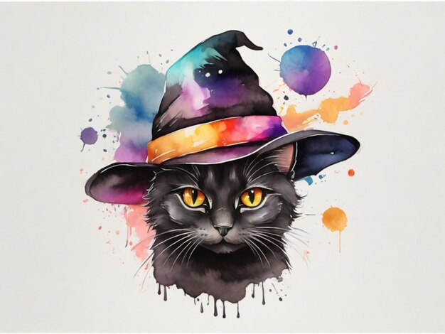 Pintura de um gato preto usando um chapéu de bruxa