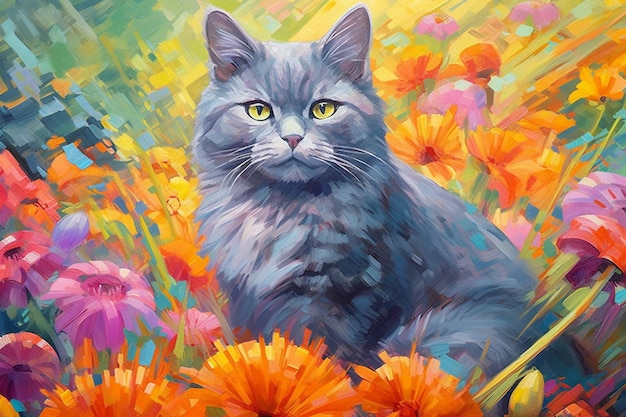 Pintura de um gato sentado em um campo de flores generativo ai