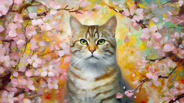 pintura de um gato sentado em uma árvore com flores IA generativa