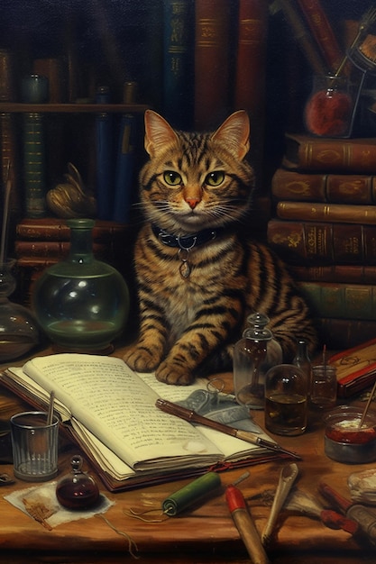 pintura de um gato sentado em uma mesa com um livro e uma caneta generativa ai