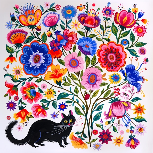 pintura de um gato sentado na frente de um buquê de flores generativo ai