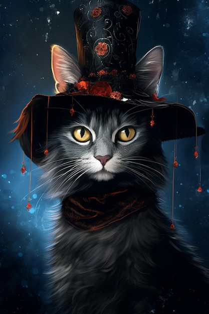 pintura de um gato vestindo um chapéu de topo e um lenço generativo ai