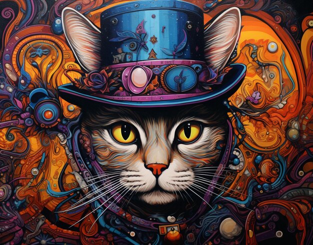 pintura de um gato vestindo um chapéu e um chapéu generativo ai