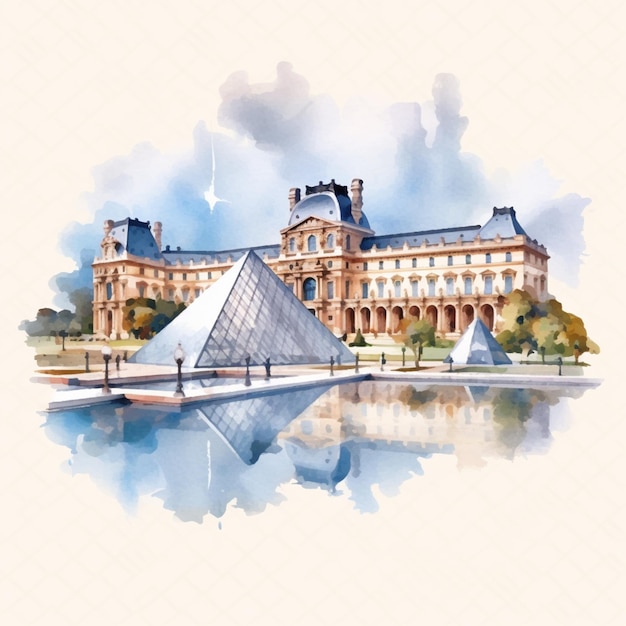 Pintura de um grande edifício com uma pirâmide de vidro na frente dela generativa ai