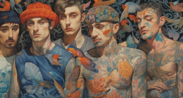 Foto pintura de um grupo de homens com tatuagens e pássaros em seus corpos generative ai