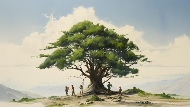 pintura de um grupo de pessoas em pé em torno de uma árvore em uma colina IA geradora