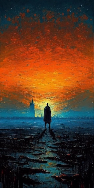 Pintura de um homem caminhando no caminho com o pôr do sol ao fundo generativo ai