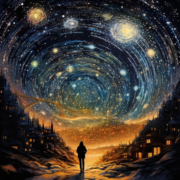 Pintura de um homem caminhando pela escada em direção ao céu cheio de estrelas imagem de arte gerada por Ai