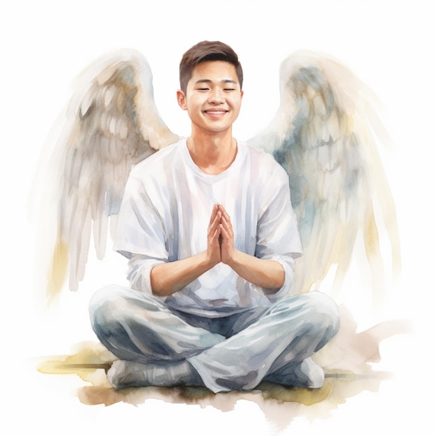 pintura de um homem com asas sentado em uma posição de meditação generativa ai