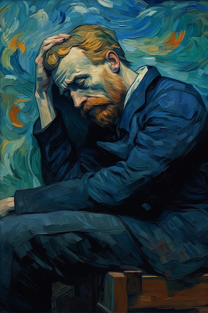 Pintura de um homem com barba sentado em um banco de madeira generativo ai