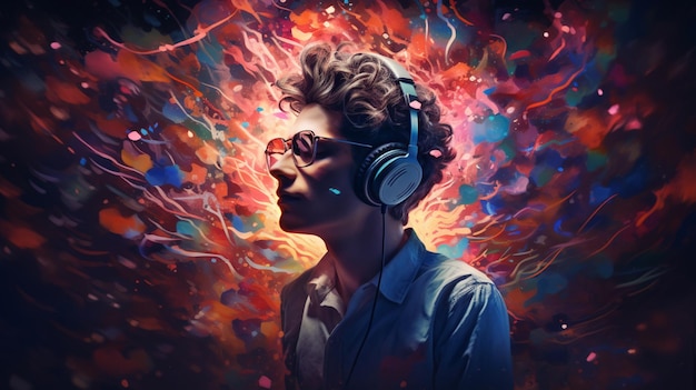 pintura de um homem com fones de ouvido e um fundo colorido generativo ai