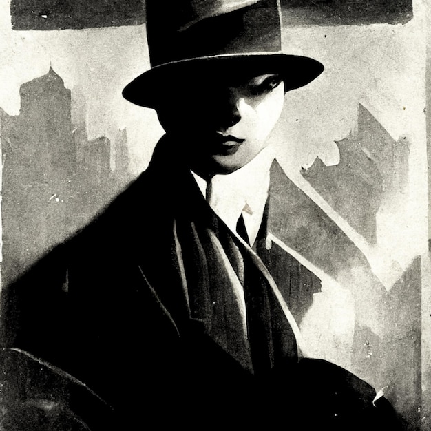 pintura de um homem com um chapéu e casaco com uma paisagem urbana no fundo