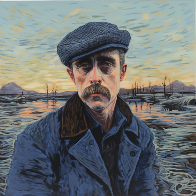 pintura de um homem com um chapéu e um bigode em um campo generativo ai