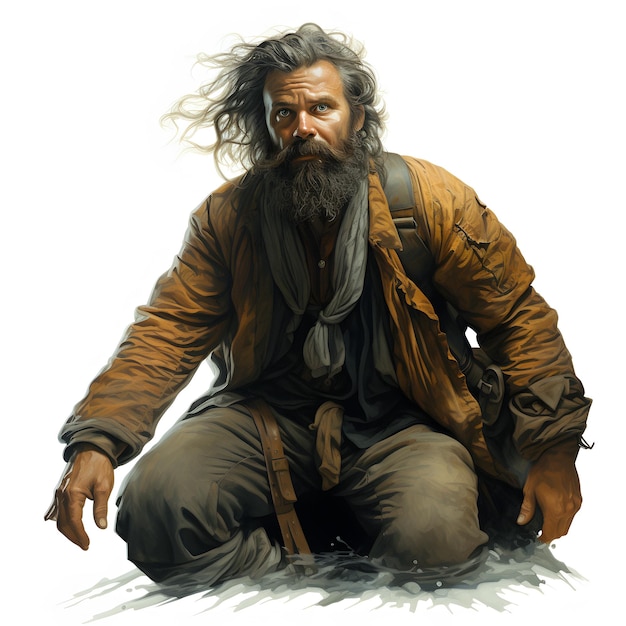 pintura de um homem com uma longa barba e barba sentado no chão Generative AI