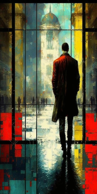 Pintura de um homem de casaco vermelho andando pela janela generativa ai