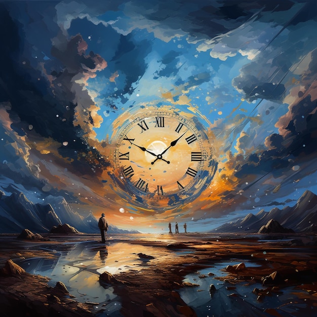 pintura de um homem de pé em frente a um relógio gigante generativo ai