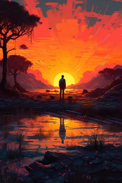 Pintura de um homem de pé sobre uma rocha com vista para um lago ao pôr do sol generativo ai