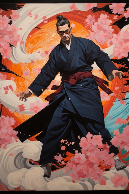 pintura de um homem de quimono com uma espada no ar generativa ai